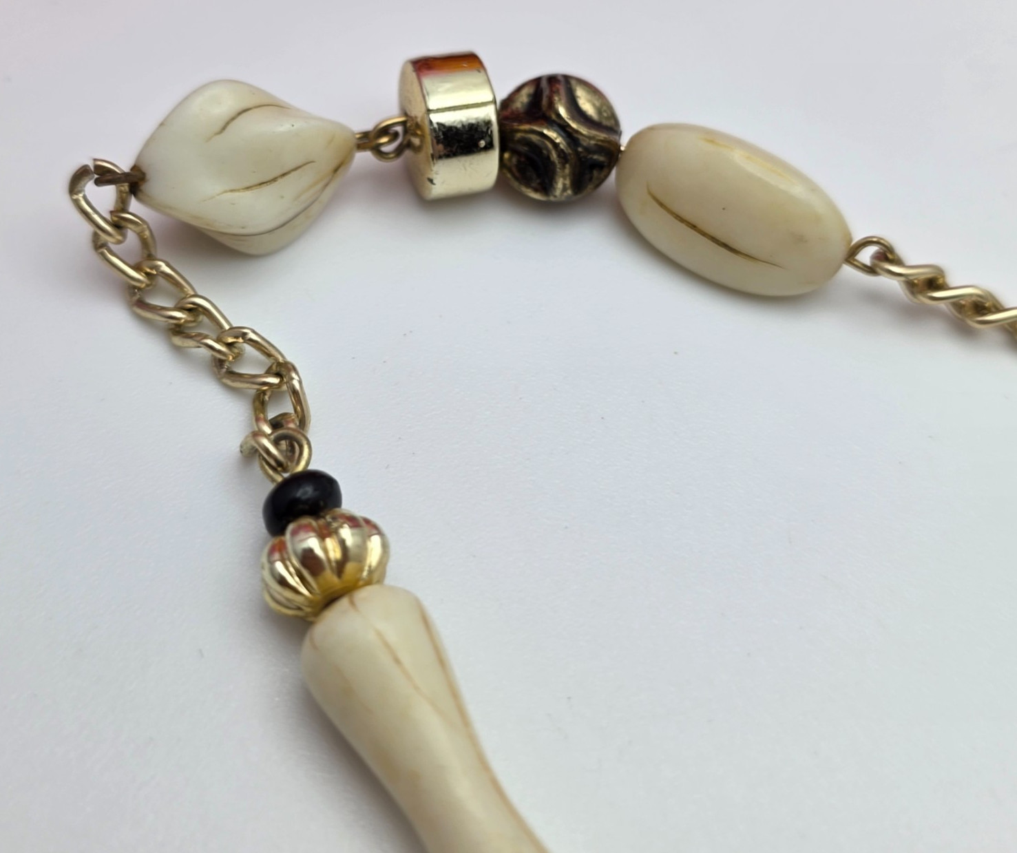 Vintage Lucite Beaded Necklace Cream Black Gold Tone 34 in Long Lightweight