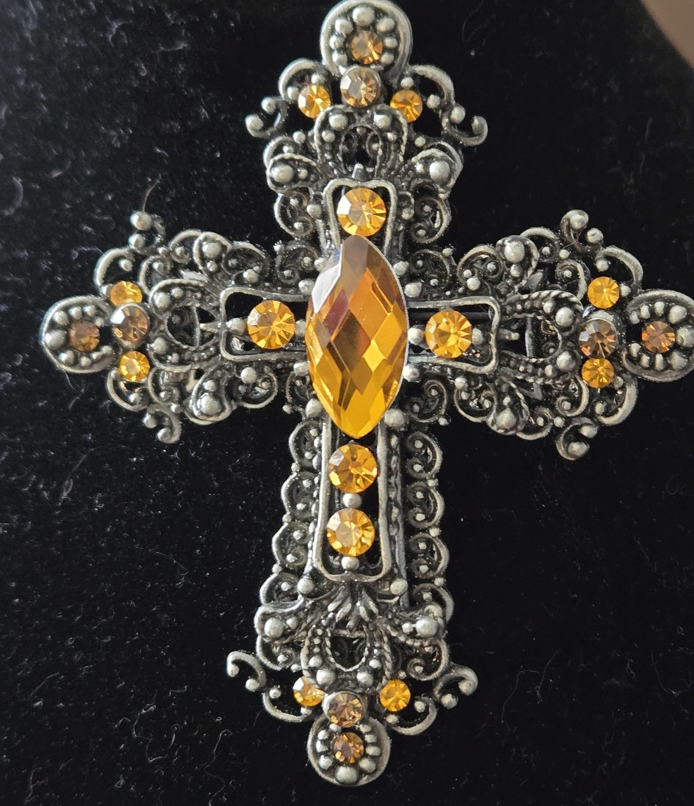 Gothic Cross Brooch Pin Amber Rhinestones Black Silver Tone Filigree 3″