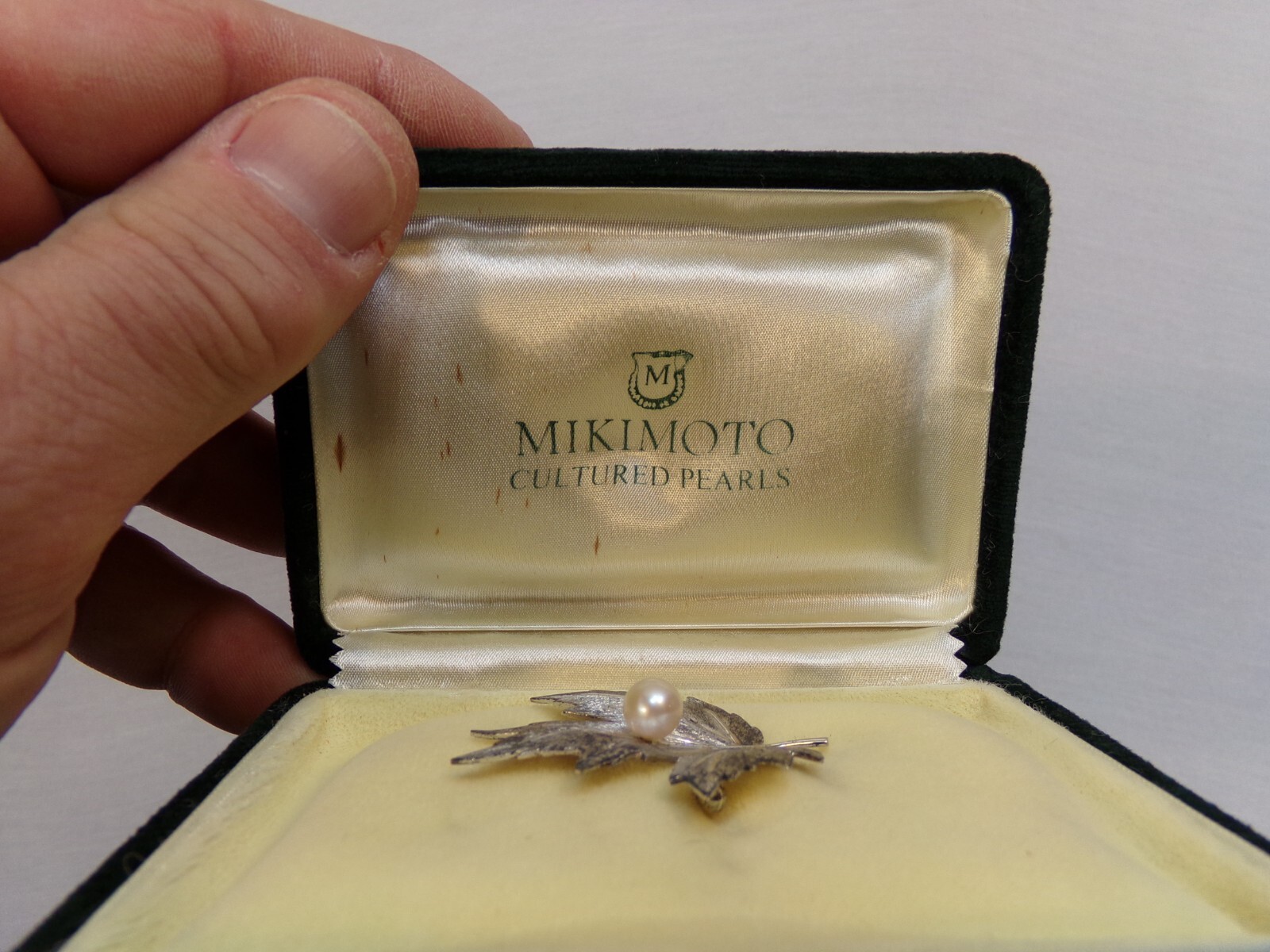 Vintage Mikimoto Pearl Silver Maple Leaf Brooch Pin