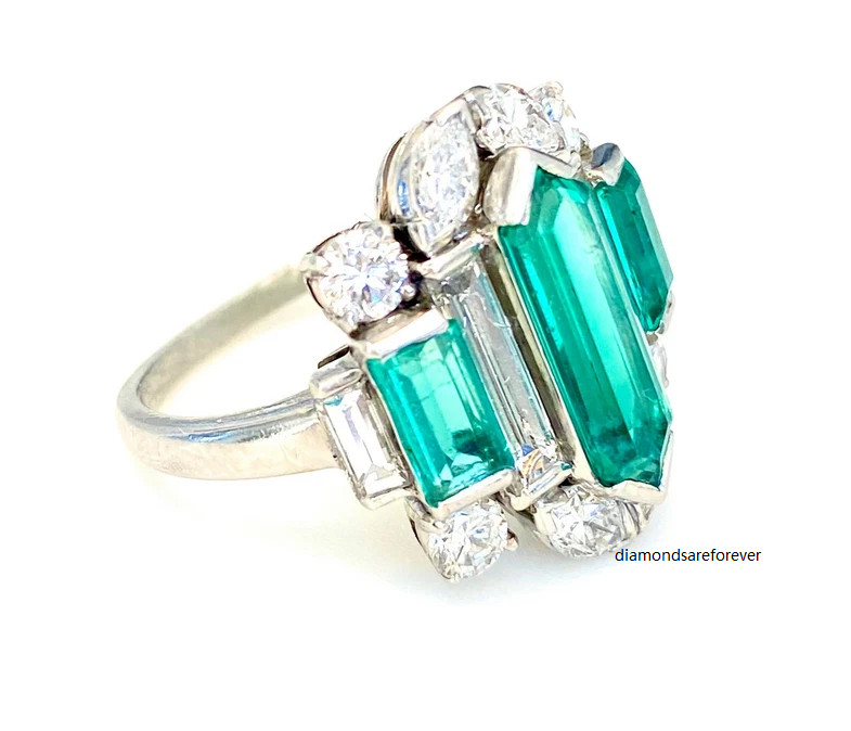 Fancy Cut Vivid Green 14.68CT Emerald With Old European Cut CZ Art Deco Ring