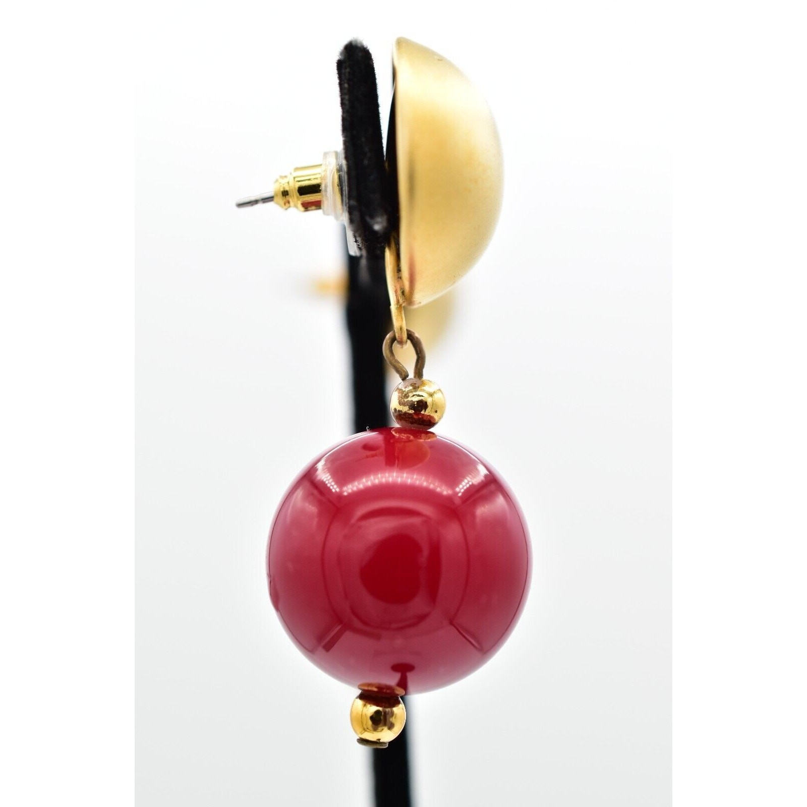 Vintage Dangle Beaded Earrings Chunky Drop Brushed Gold Red Retro 1980s BinBF