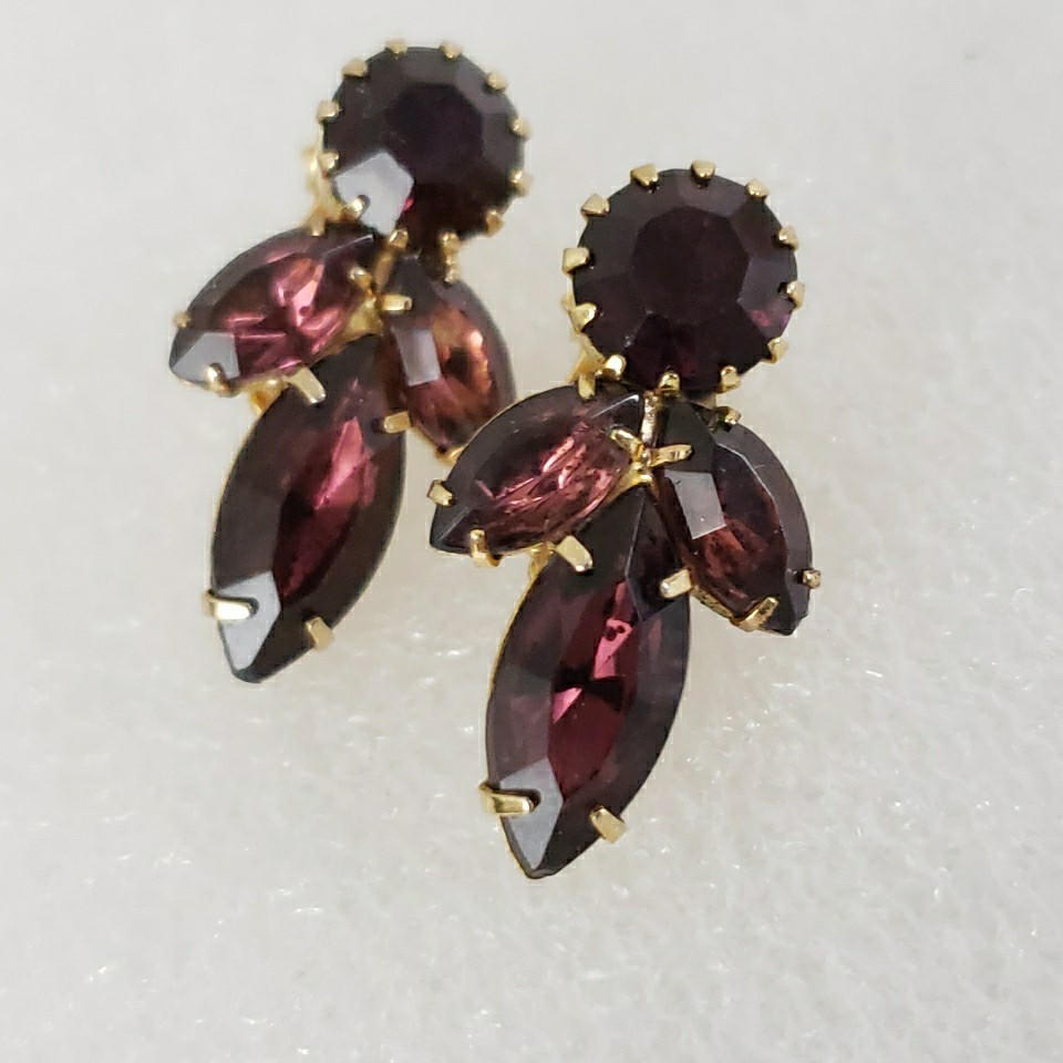 Vintage Purple Cluster Navette Prong Earrings Clip On Gold Tone