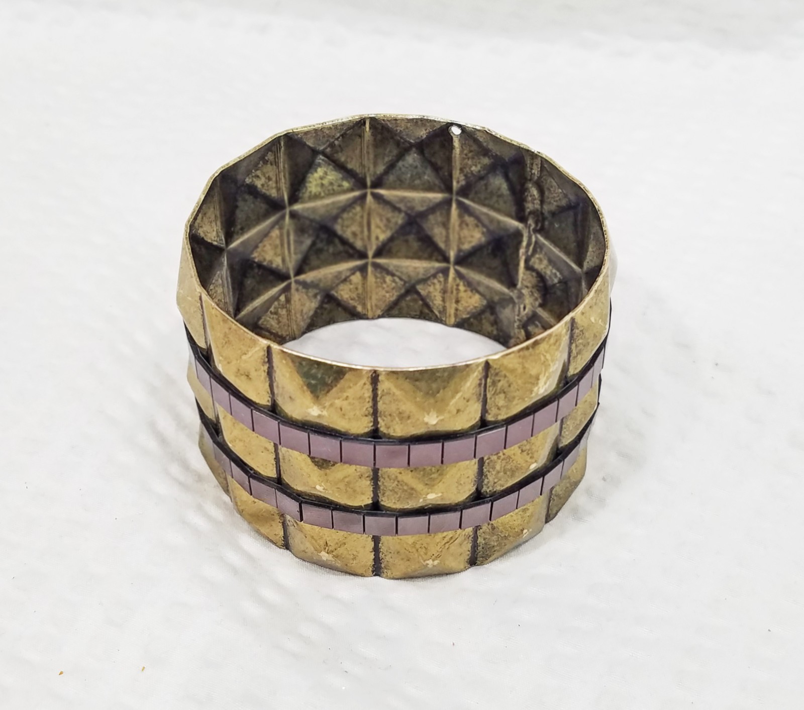 Vintage 1980s Rocker Style Pyramid Studded Brass & Gunmetal Wide Bangle Bracelet