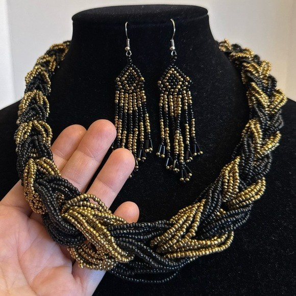 Vintage Multistrand Braided Chunky Beaded Statement Choker Necklace Earring Set