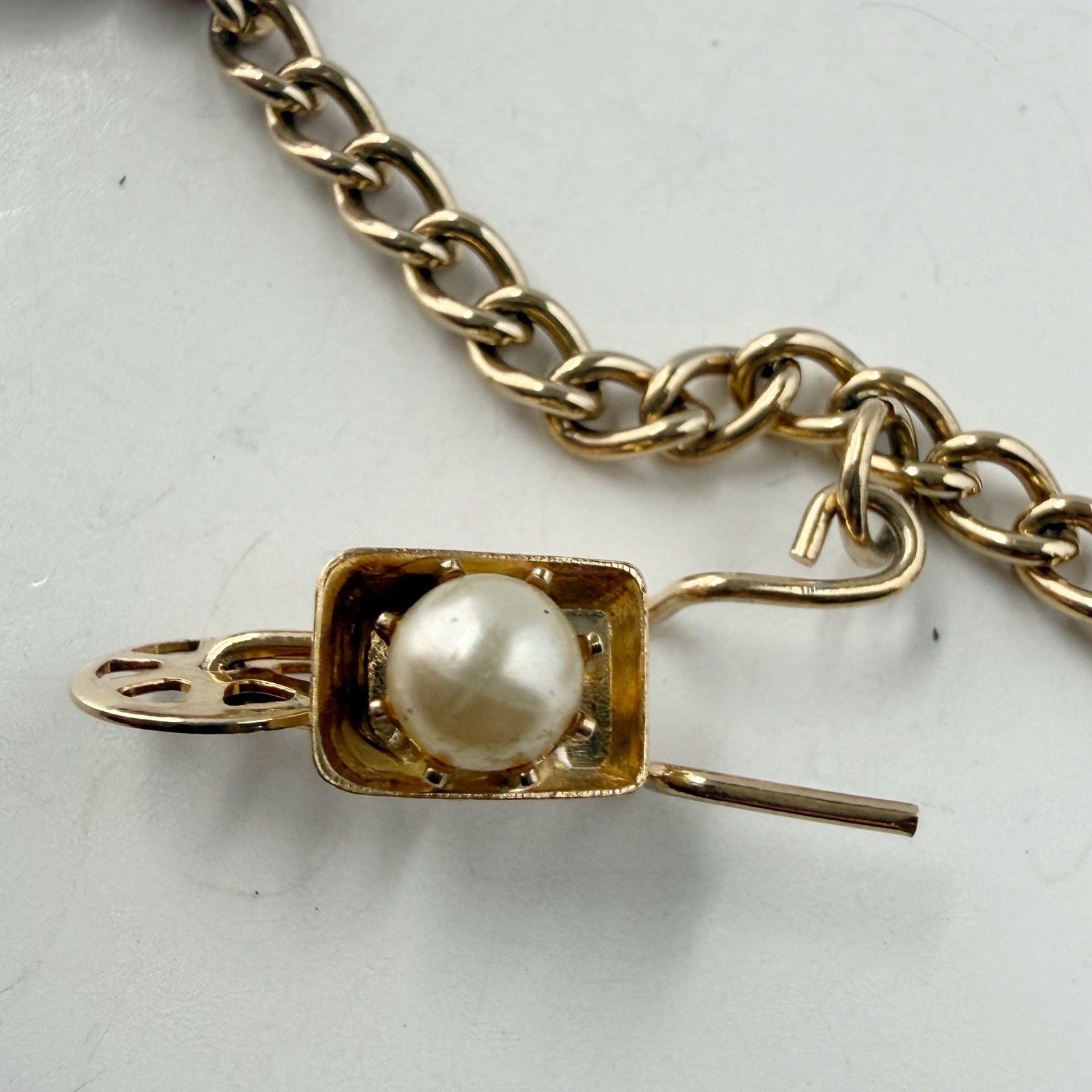 Vintage Charm Faux Pearl Chain Bracelet Tambourine Wheelbarrow Heart Etc