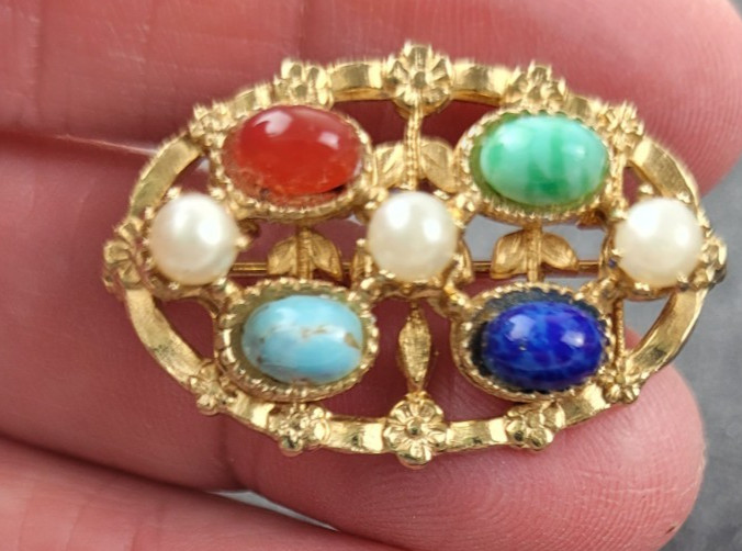 Tiny Gold Tone Multicolor Cabochon Stones Scatter Pin