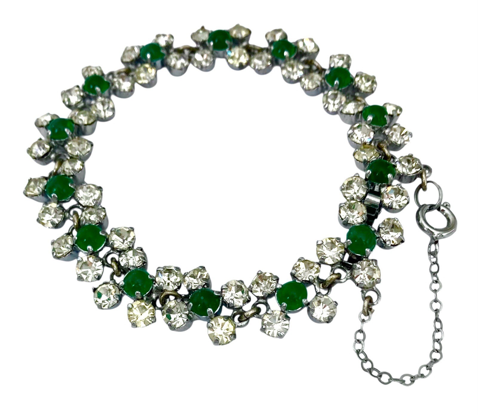 VINTAGE 1950’s Silver Tone Faux EMERALD & CLEAR AUSTRIAN CRYSTAL Link Bracelet