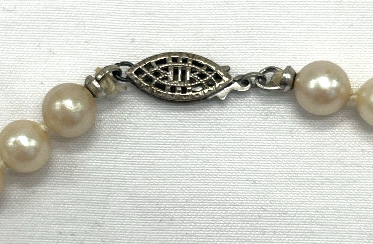 Antique/Vintage Hand Knotted Faux Pearl Necklace Sterling Fish Hook Filigree Cla