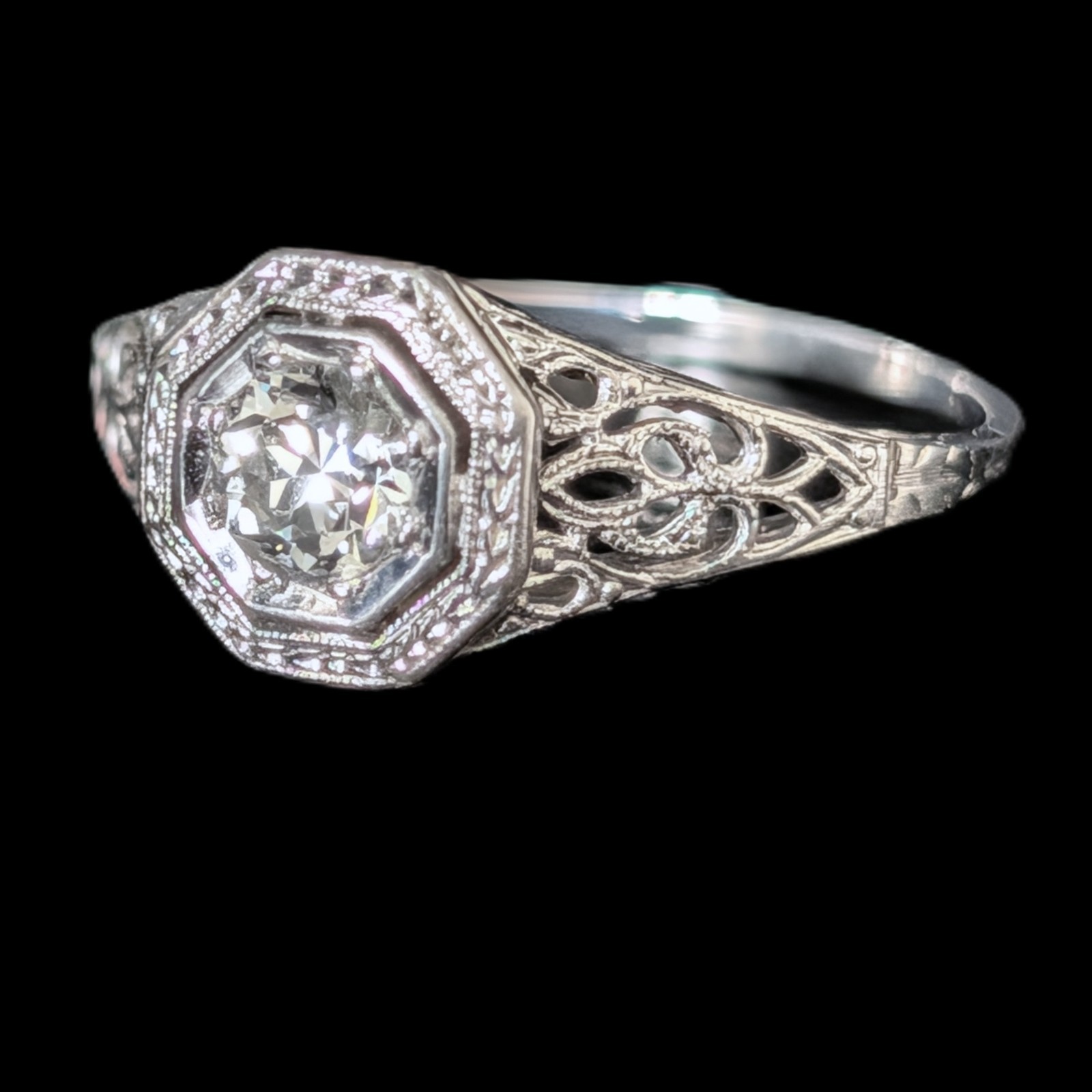 Art Deco Old European Cut Diamond 14k White Gold Platinum Engagement Ring 1920s