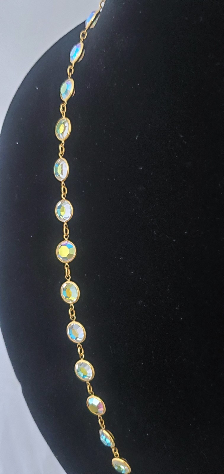 Vintage Aura Borealis Peacock Faceted Round Crystal Necklace Brilliant 35″ Long