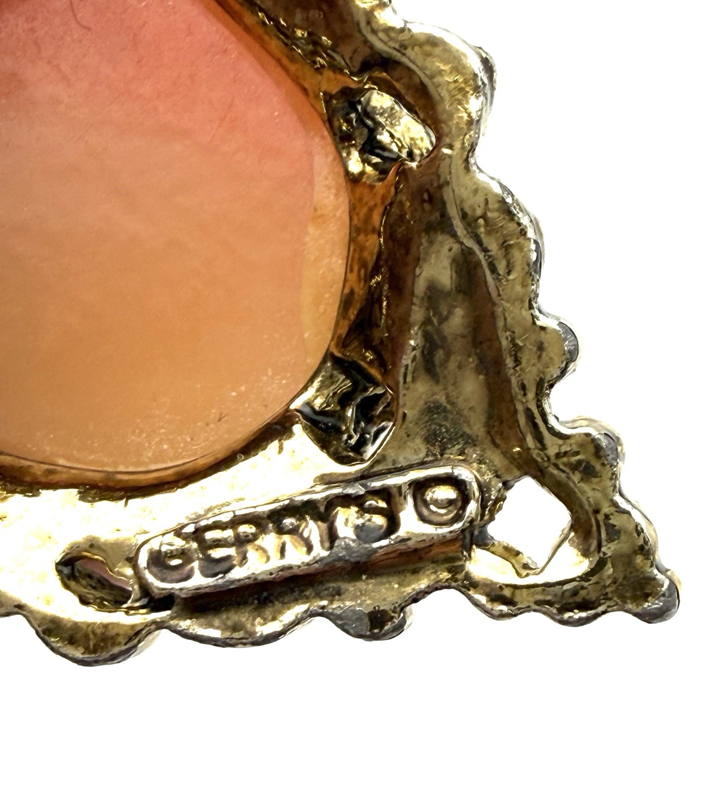 Gerry’s Vintage Cameo Brooch Pin Gold Tone Orange Cream Woman Holding Bird 2″ *