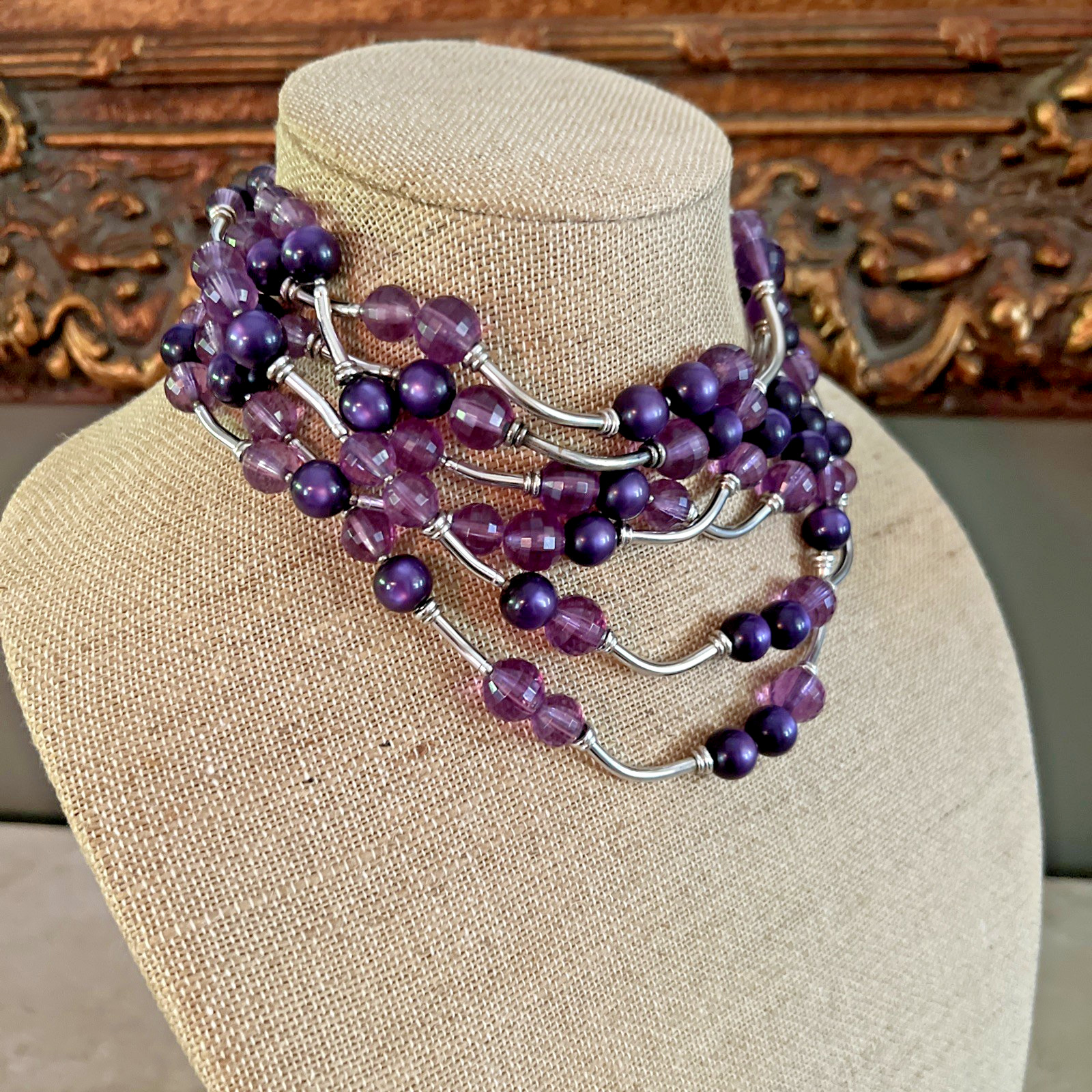 Vintage SIGNED DEMARIO AMETHYST & SILVER BEAD NECKLACE & EARRING SET / 6 STRAND