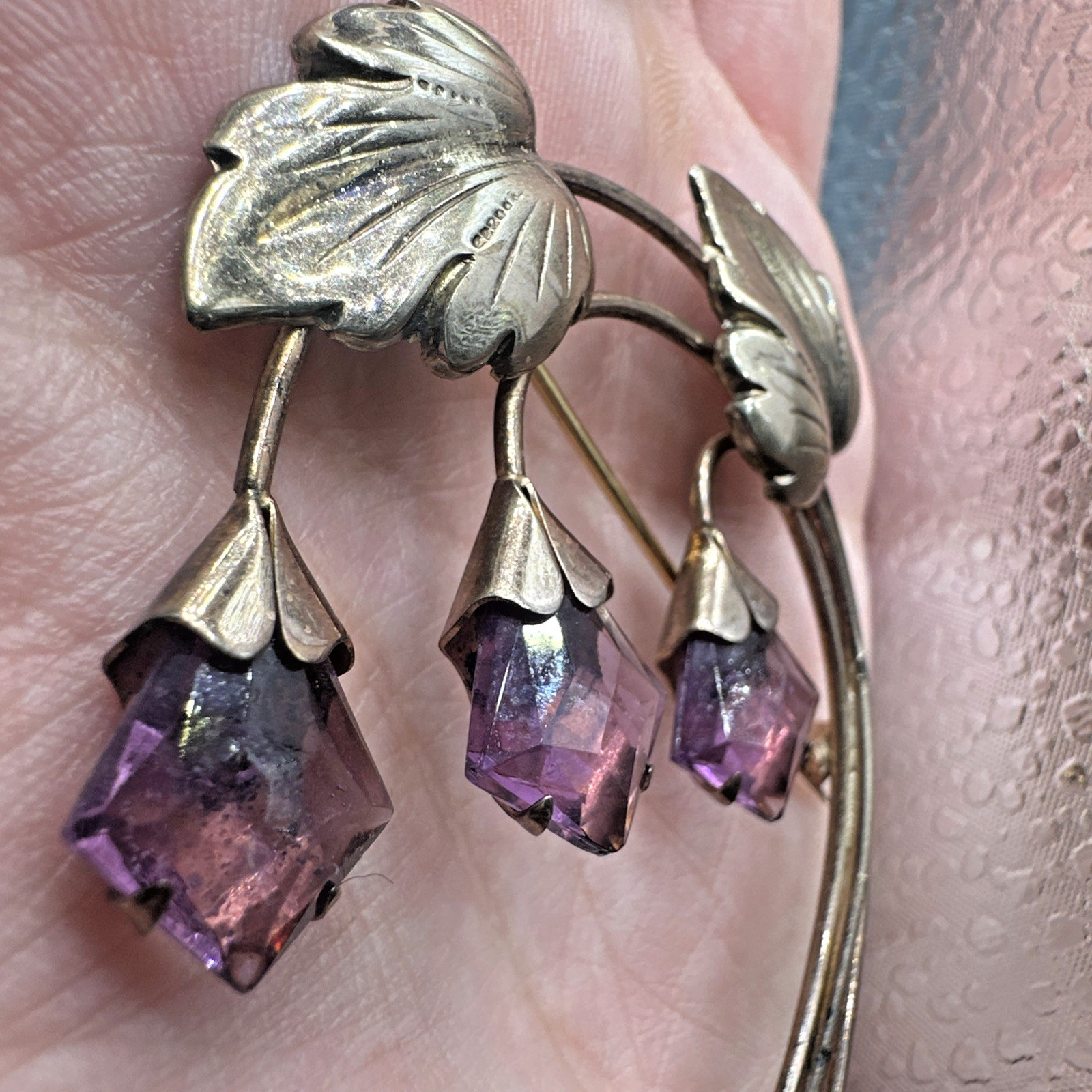 Vtg Sterling Silver Gold Vermeil Purple Rhinestone Flower Brooch & Earrings Set