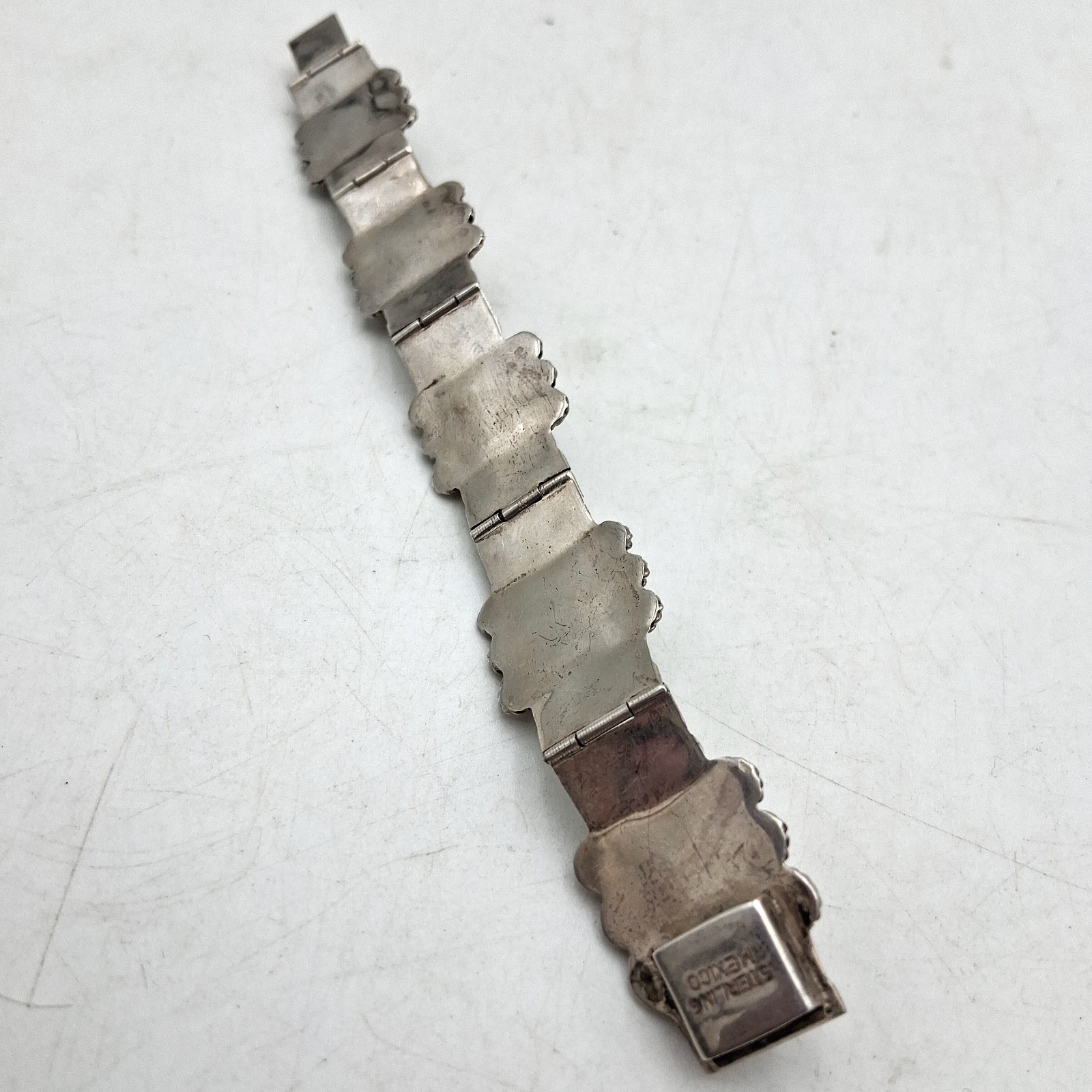 Vintage Sterling Silver Mexico Green Onyx Stones Small Bracelet