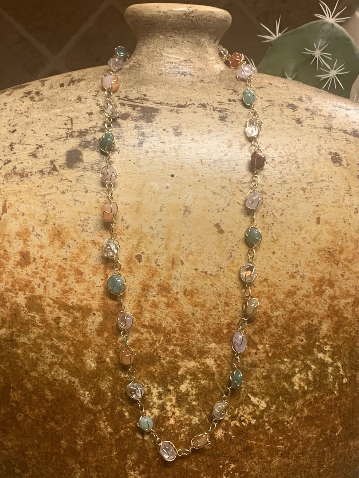 Gold & Natural Gemstone Cage Necklace 24 Inches Vintage