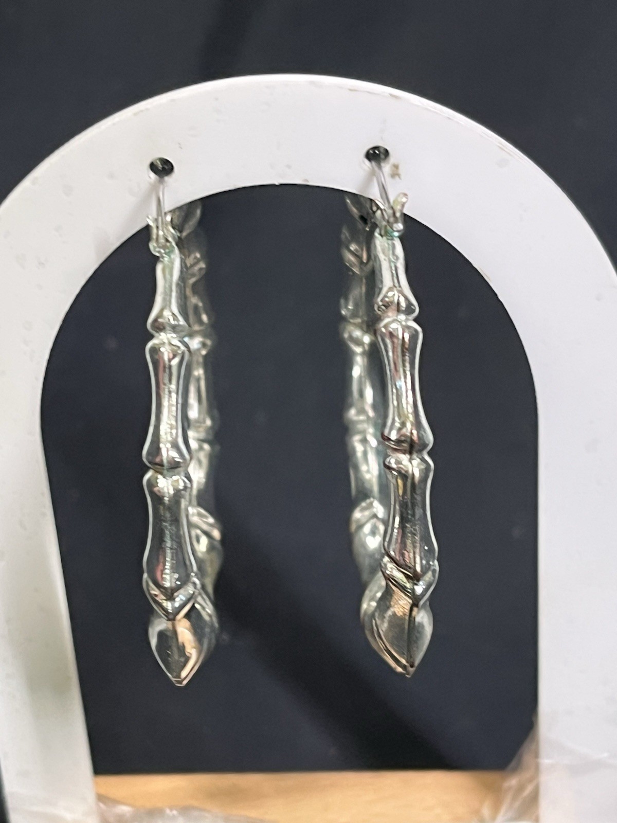 VINTAGE BAMBOO SILVER TONE METAL HOOP EARRINGS 2”