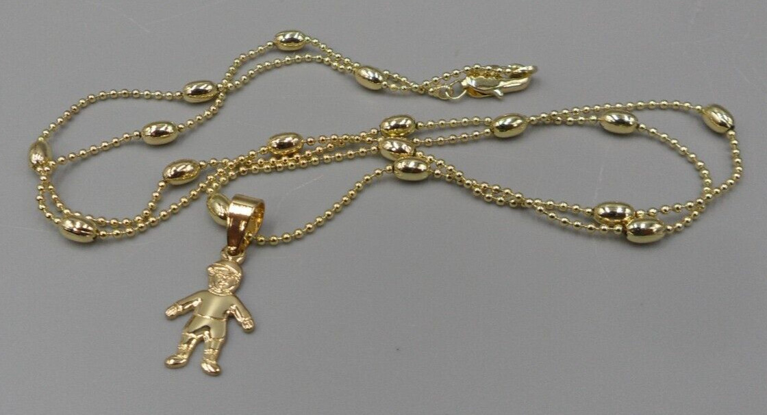 CM Signed Pendant Necklace 1920s Boy Child Figure Charm Station Ball Chain 21″