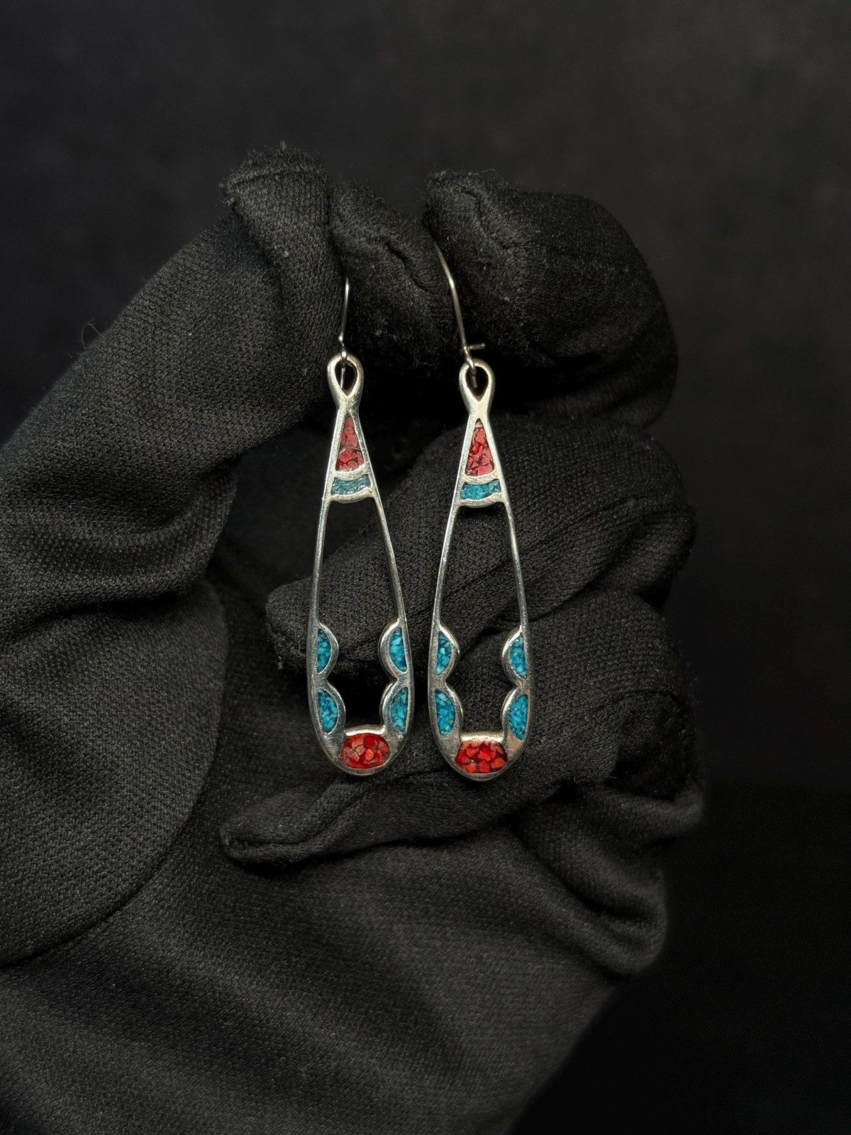 Southwestern Sterling Silver Turquoise Coral Inlay Drop Earrings