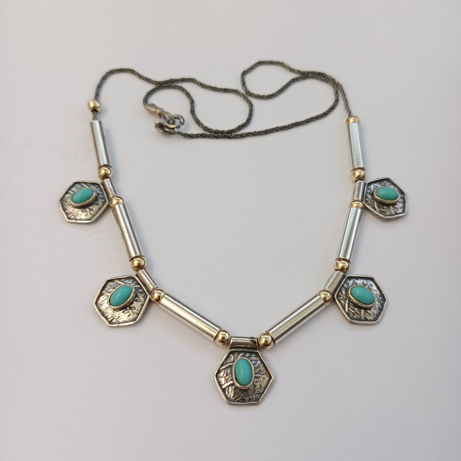 Vintage Artisan Necklace Sterling Silver 10k Gold Bead Geometric Drops Turquoise