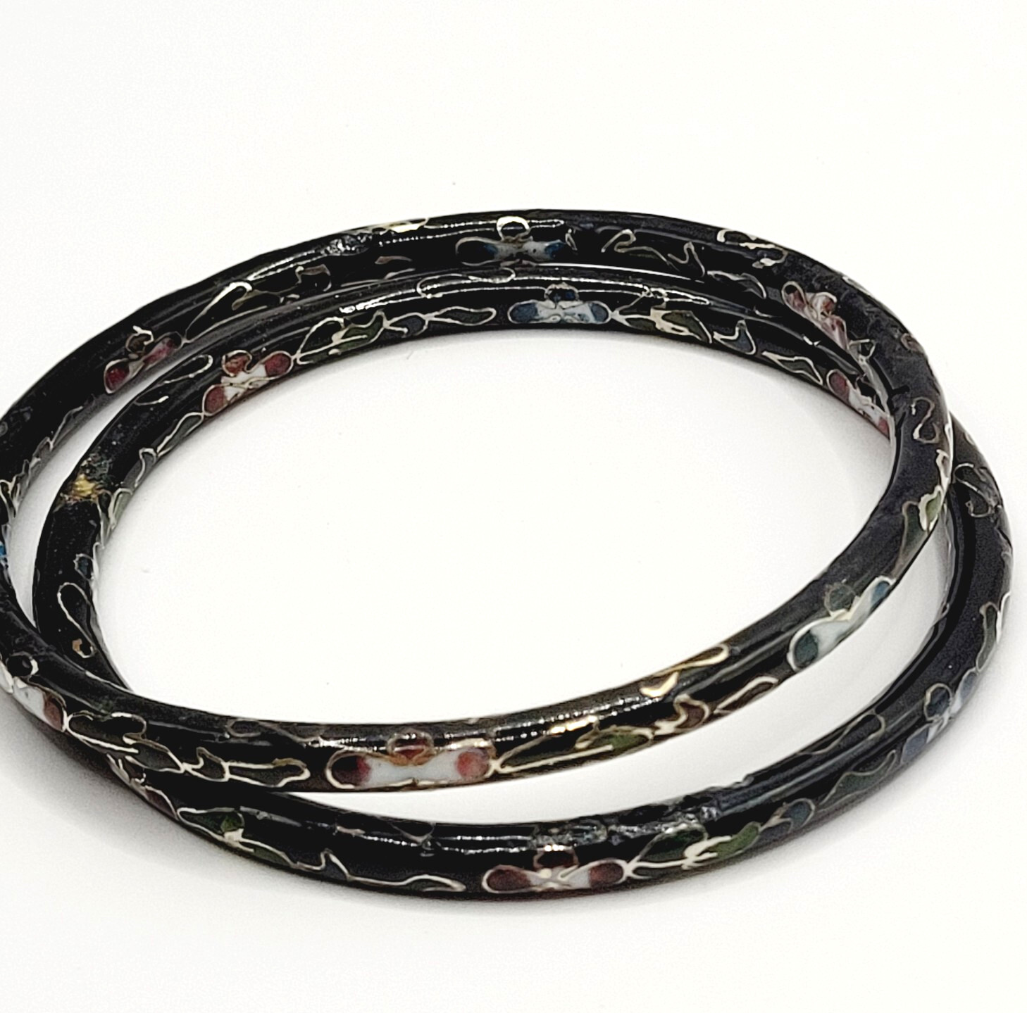2 Cloisonné Asian Inspired Black Dark Shiny Floral Hand Painted Bangle Bracelet