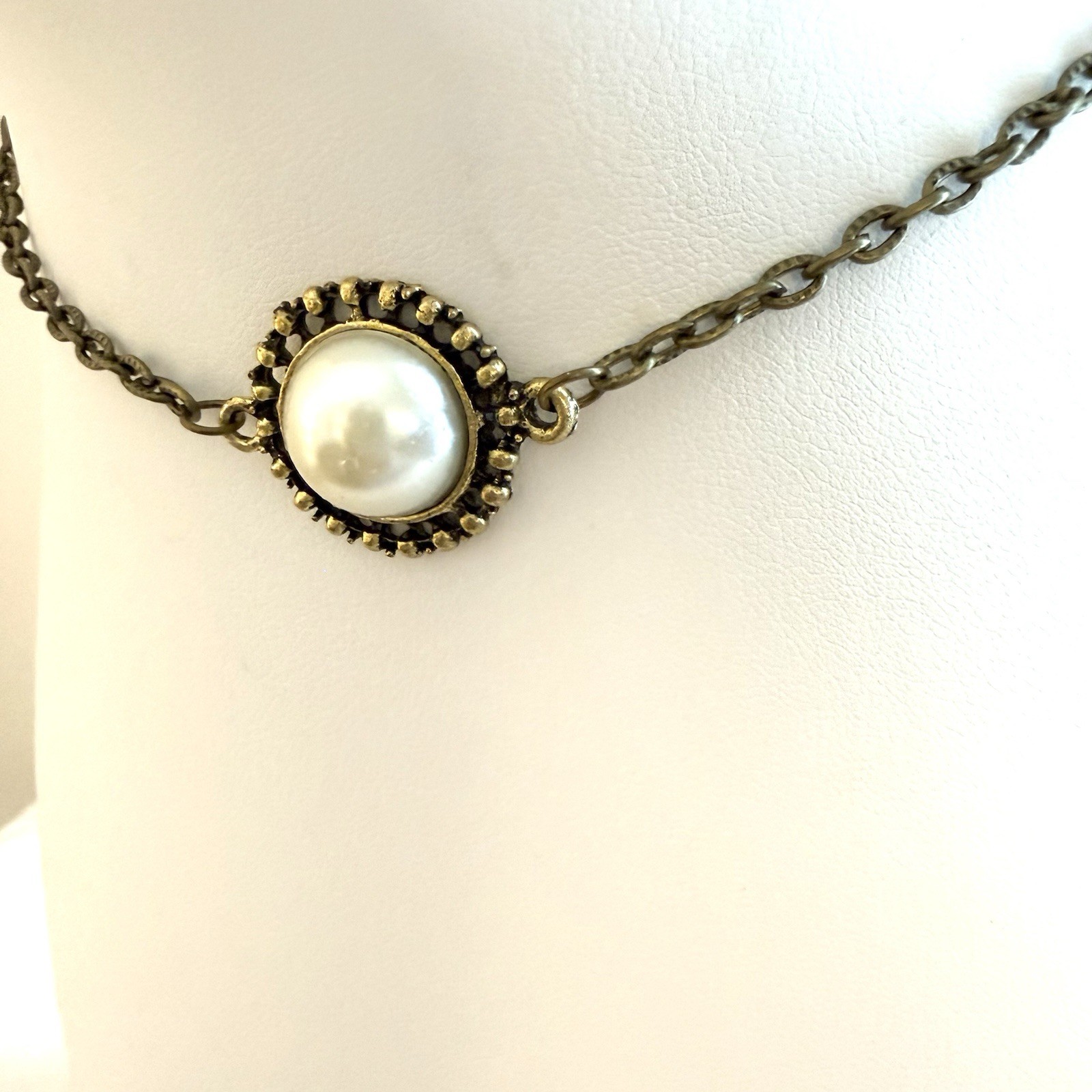 S925 Sterling Silver Faux Pearl Marcasite Art Deco Necklace Vintage 18″