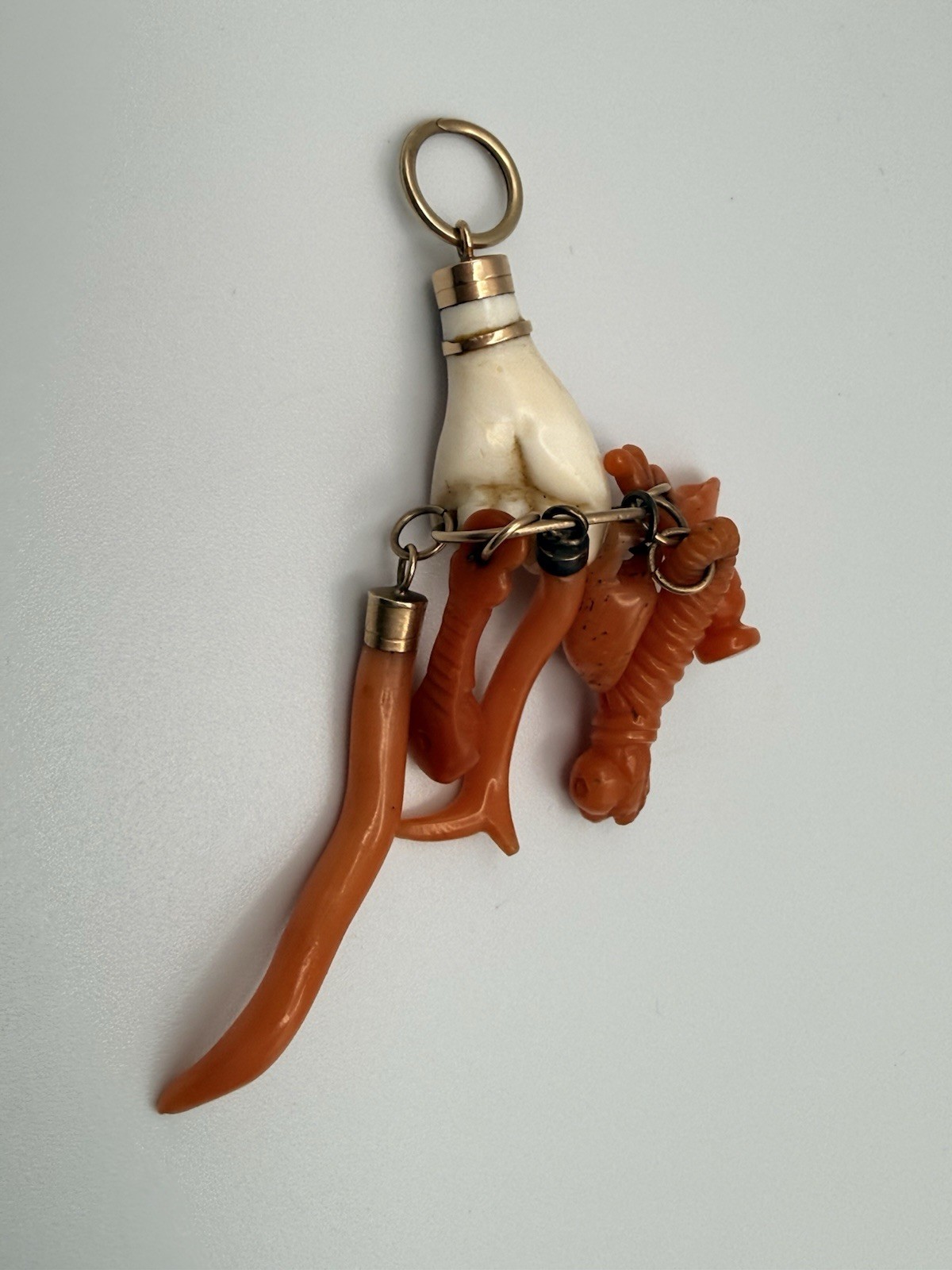Antique Ca 1830-70s Angle Skin /Orange Coral Hand Figa & Charm Pendant Gold
