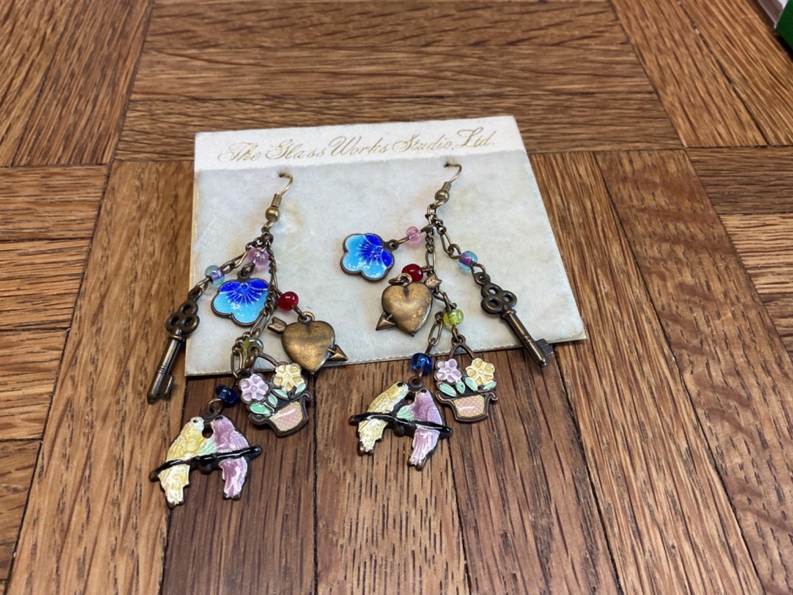 Vintage Glass Works Studio Asymmetrical Charm Earrings Birds Keys Hearts
