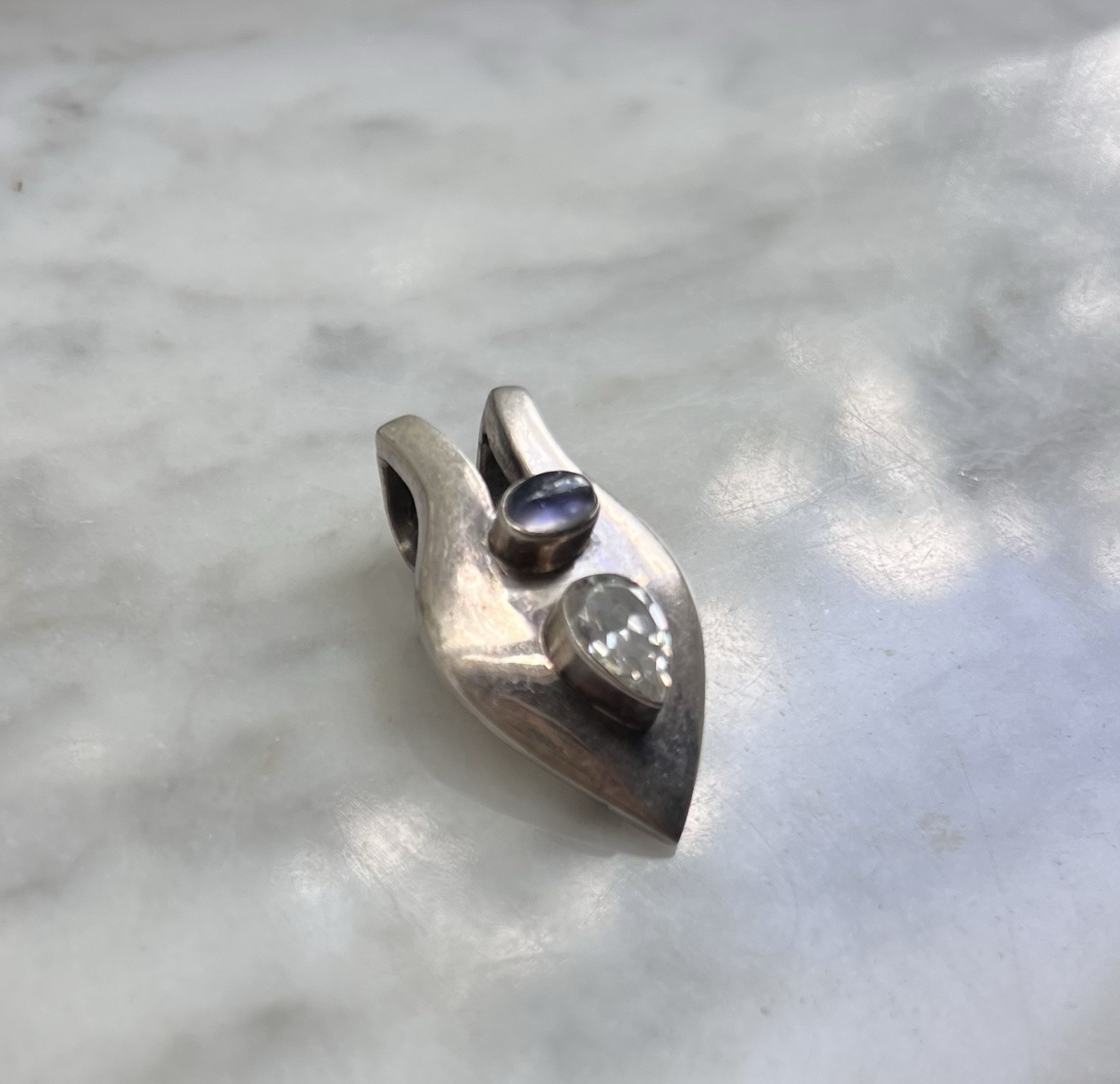 Vintage Pale Blue Topaz & White Topaz Modernist Sterling Silver Necklace Pendant