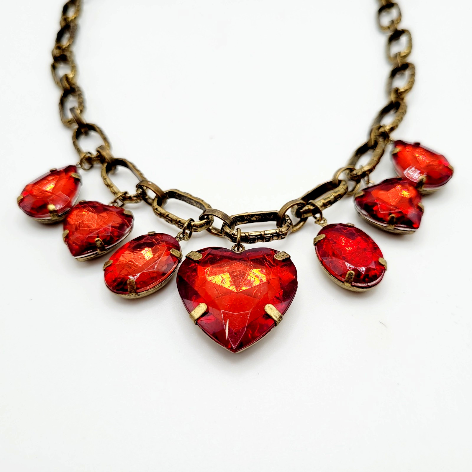Red Acrylic Gem Statement Red Heart Brass Tone Large Link Vintage Necklace 17 In