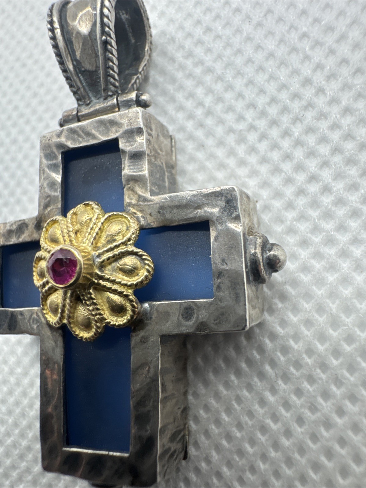 Cross Pendant Blue Glass Sterling Silver 18K Yellow Gold Red Ruby C17