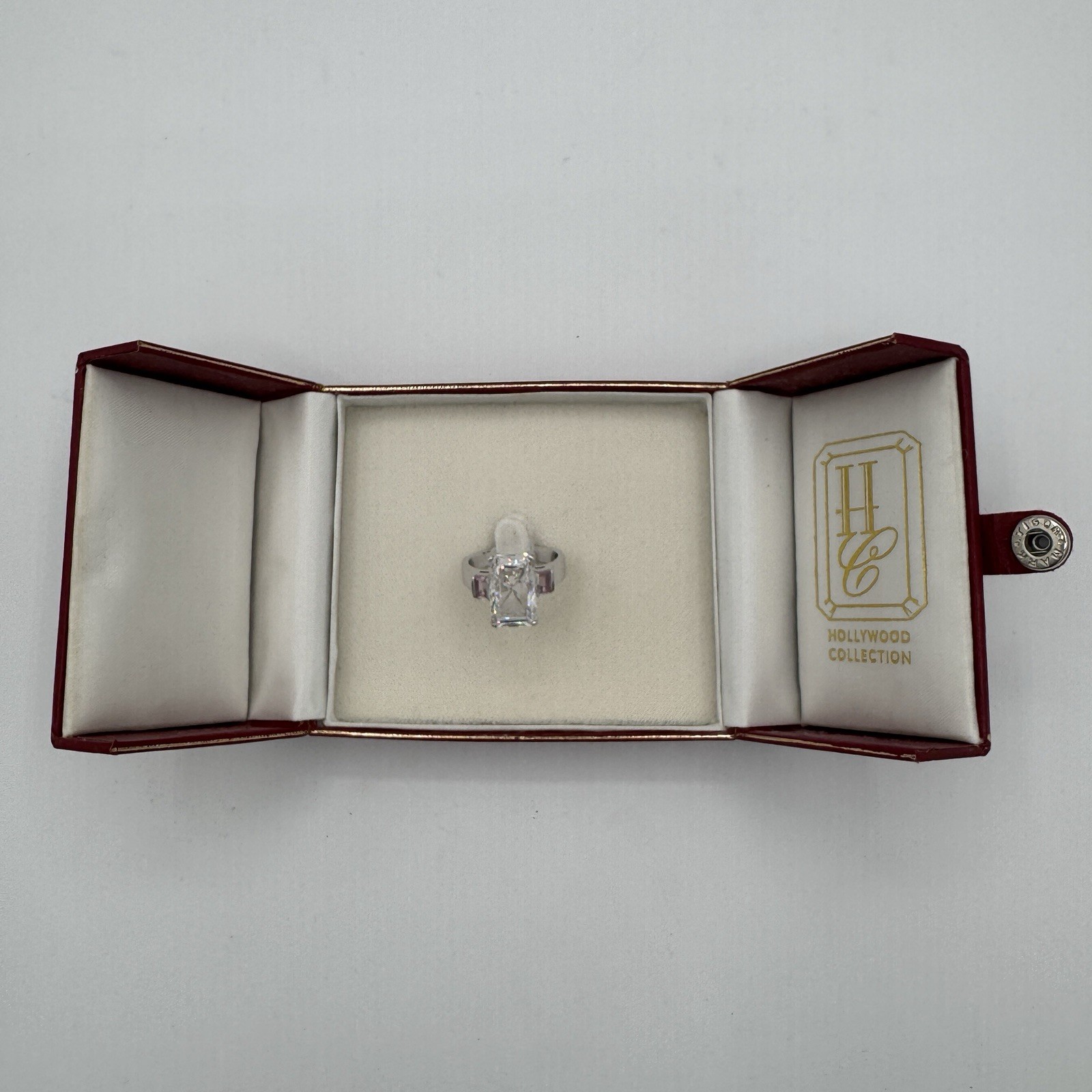 Vtg Hollywood Collection Ring Size 9 Clear CZ w/ Pink CZ Side Stones Silver 925