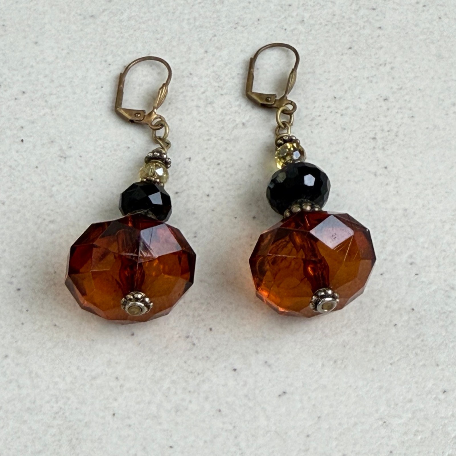 Vintage Chunky Bead Chandelier Dangle Earrings 90s Crystal Acrylic Bronze Black