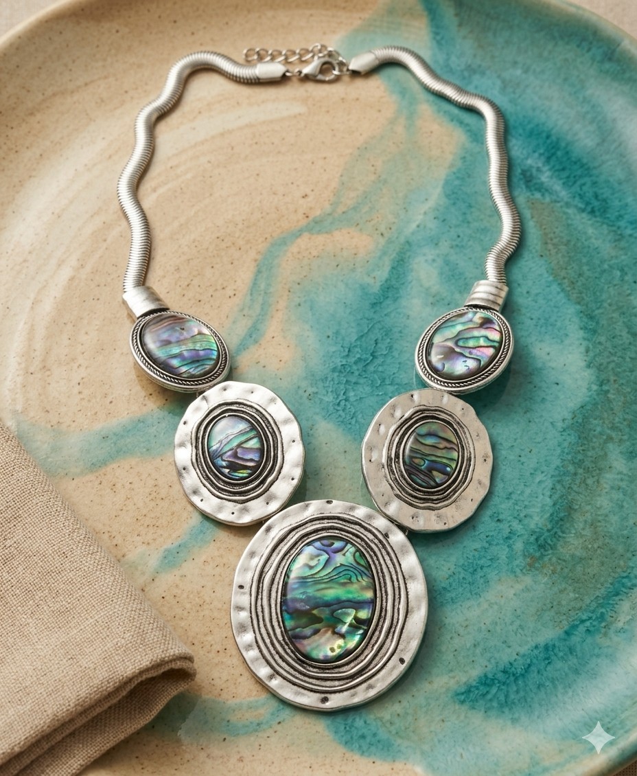 Vintage Iridescent Abalone Shell Statement Necklace Silver Tone Boho Tribal Paua