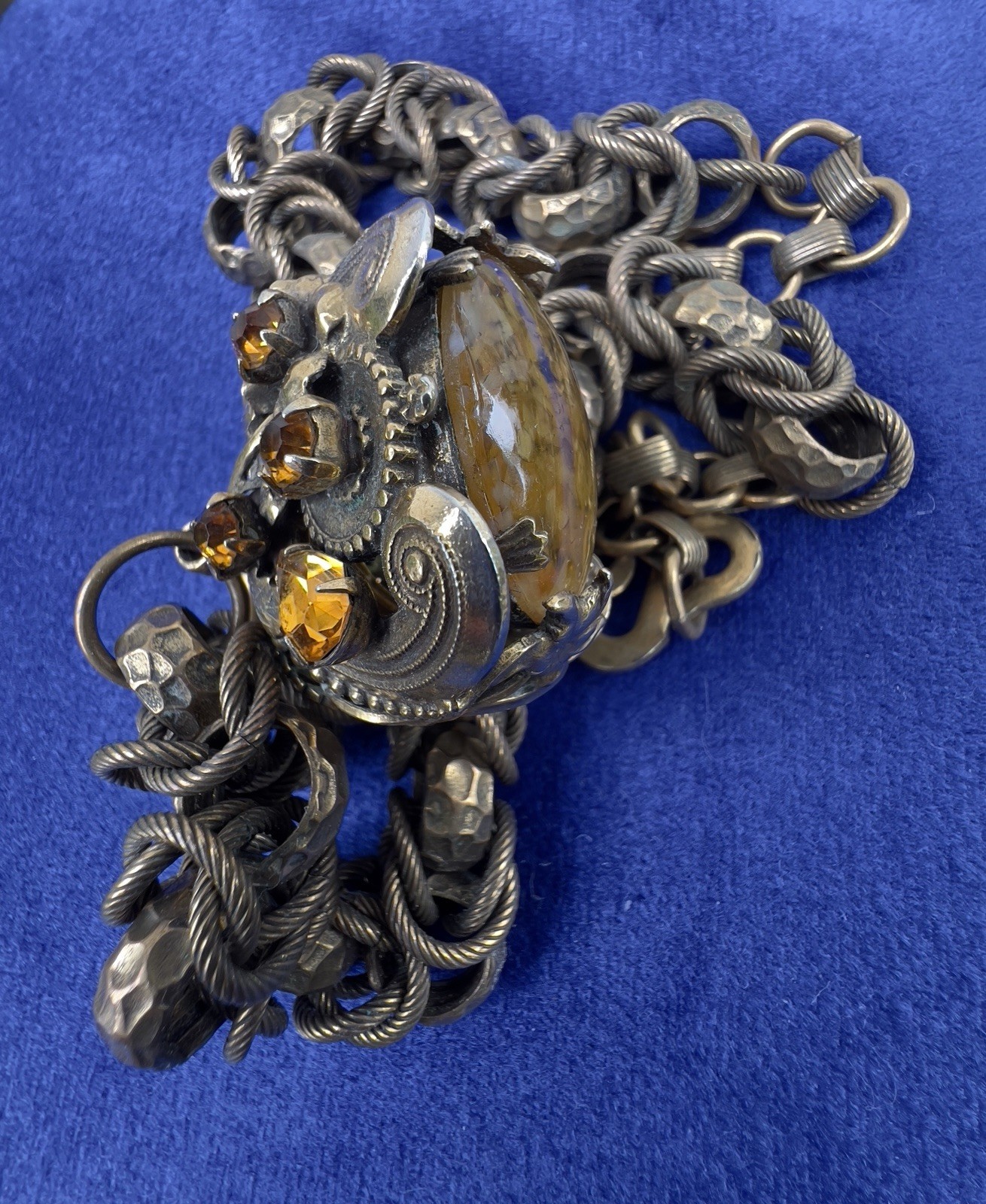 VTG HENKEL & GROSSE Victorian Revival Rhinestone & Art Glass Fob Necklace RUNWAY