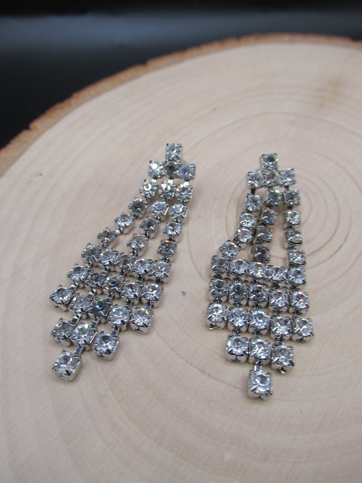 Vintage 1950’s silver clear rhinestone DRAMATIC post earrings angled dangling