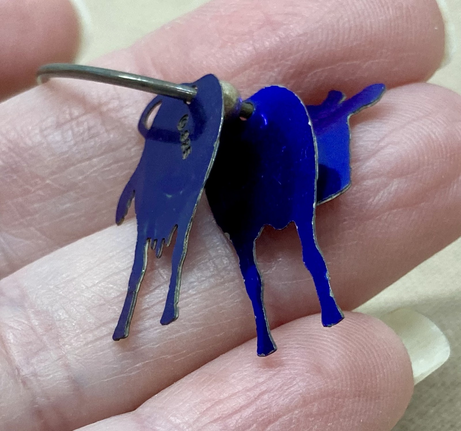 Vtg Sterling Silver 925 Blue Cow Hoop Pierced Earrings Animal Charm Dangle Drop
