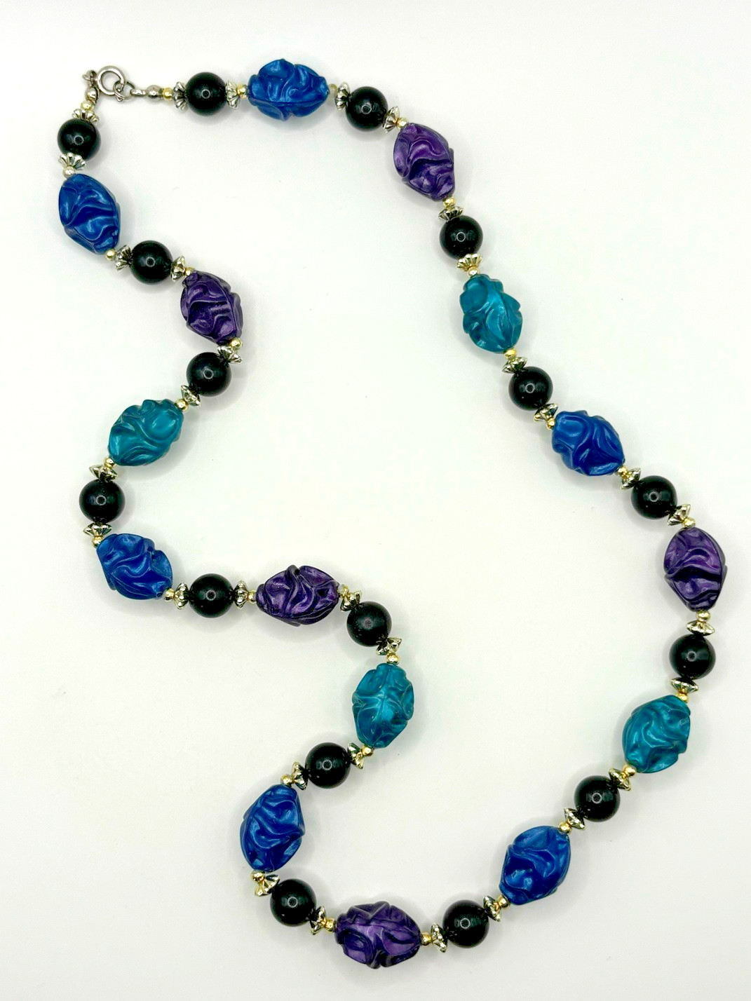 Vintage Purple Teal Blue Black And Silver Tone Crinkled Bead Necklace 24 Inch