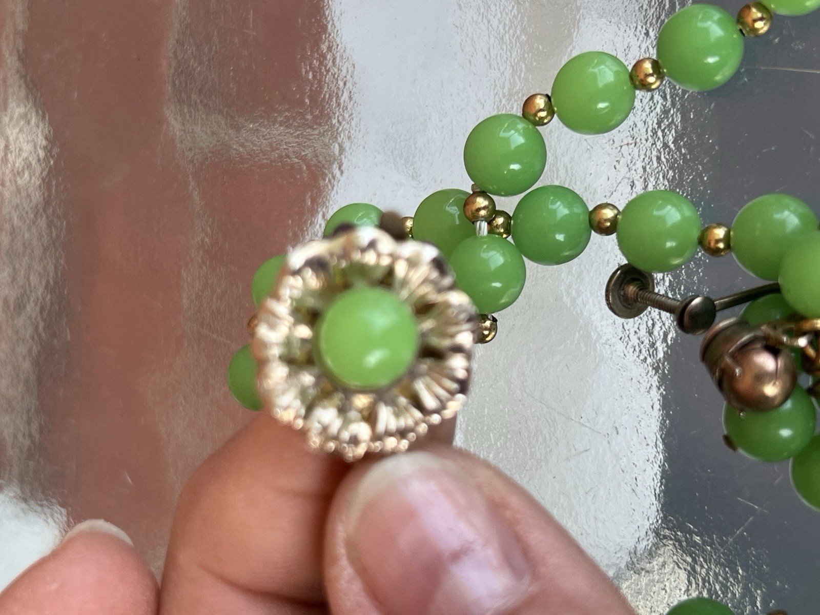 MCM Lime Green & Gold Bead Necklace with Matching Clip On Earrings Vintage Set