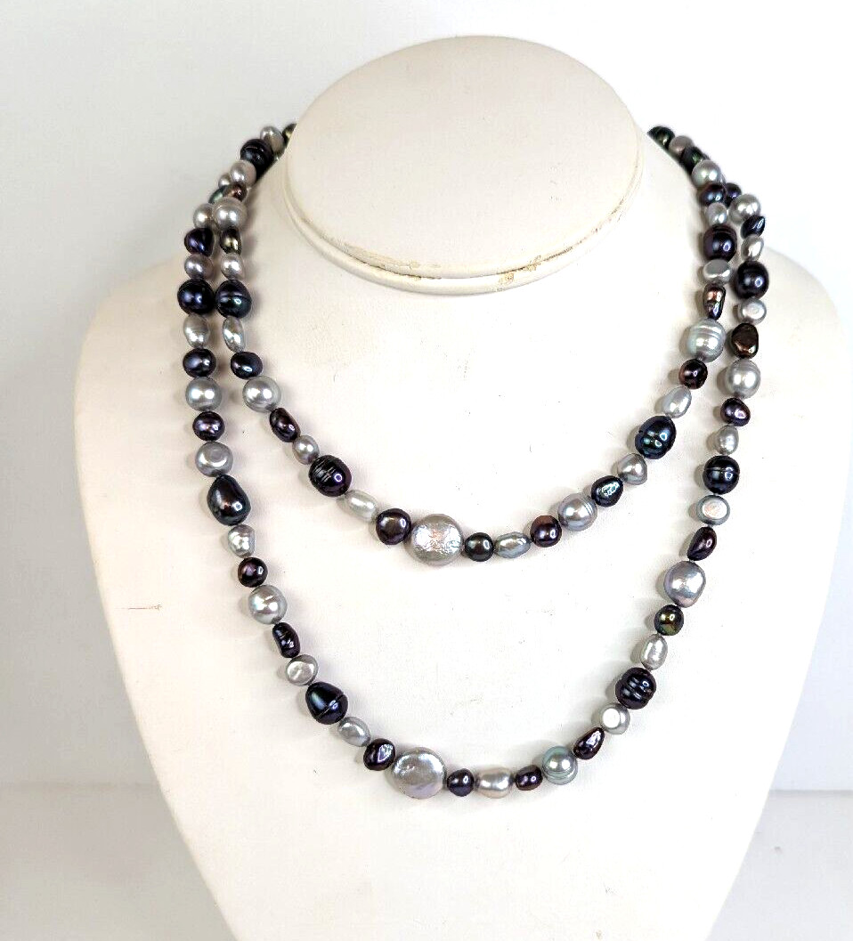 Genuine Baroque Pearl Black Peacock Luster and Silver Gray Necklace 36″ Stunning