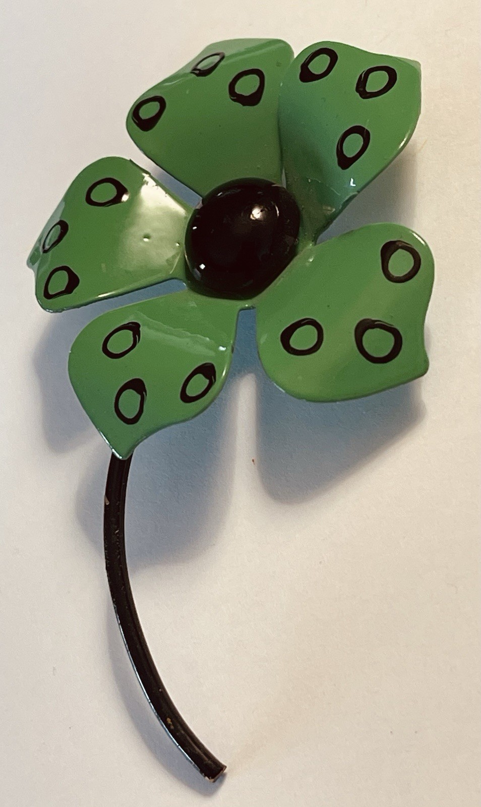 Vintage Enamel Dark Green With Black Accents Daisy Flower on Stem Pin Brooch