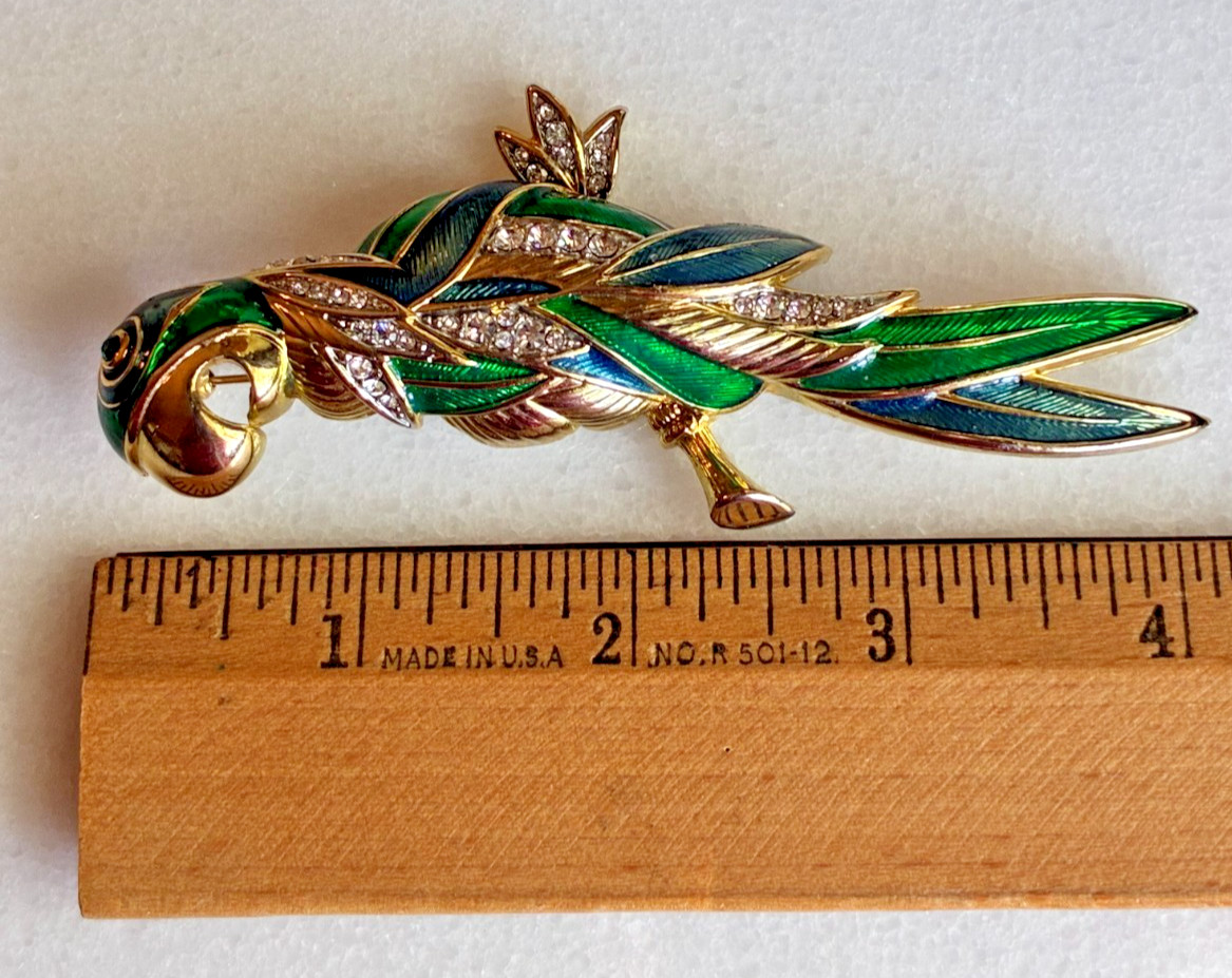 Large Vintage Enamel Parrot Brooch Rhinestone Tropical Bird Pin Green Blue 4″