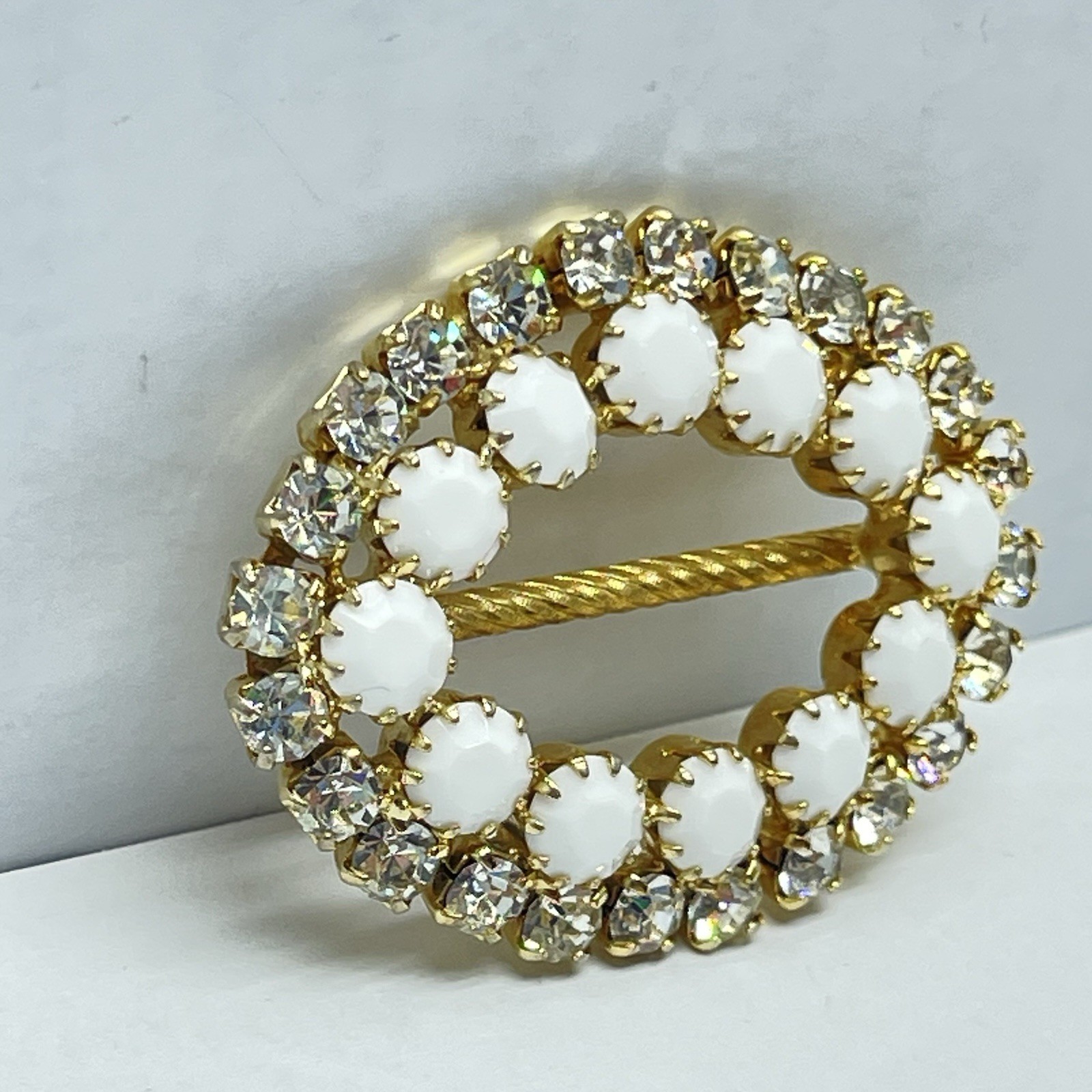 Vintage Gold Tone Oval Scarf Slide Rhinestones And Faceted Milk Stones