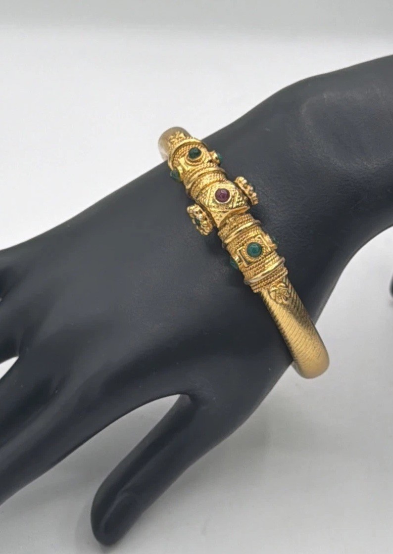 Vintage 18K Gold Plated Bracelet Ornate Green & Red Gemstone Design Elegant