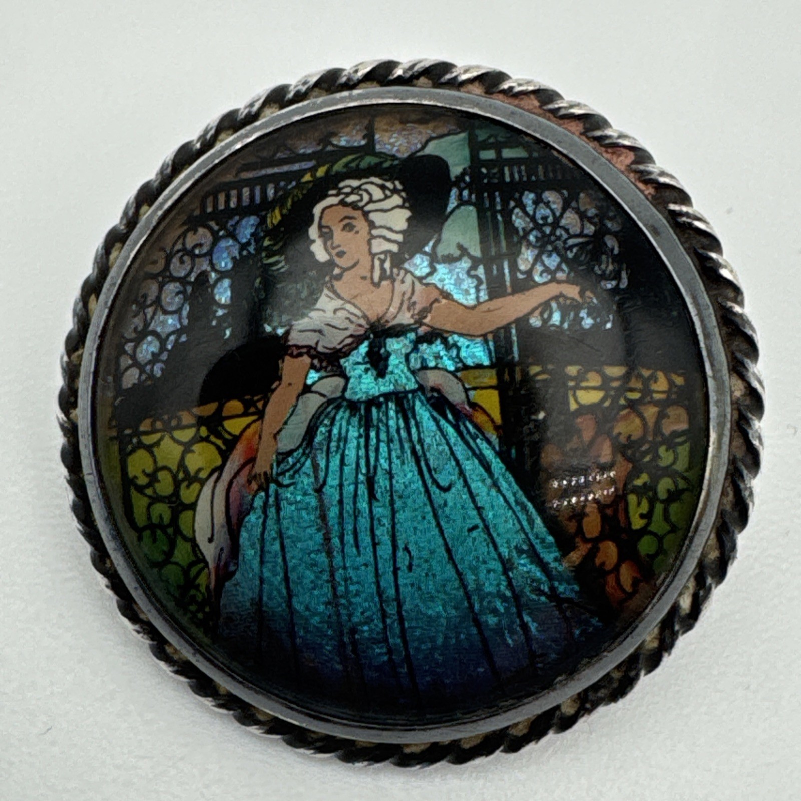 Antique 1920s Sterling Silver Reverse Painted & Morpho Butterfly Pin England