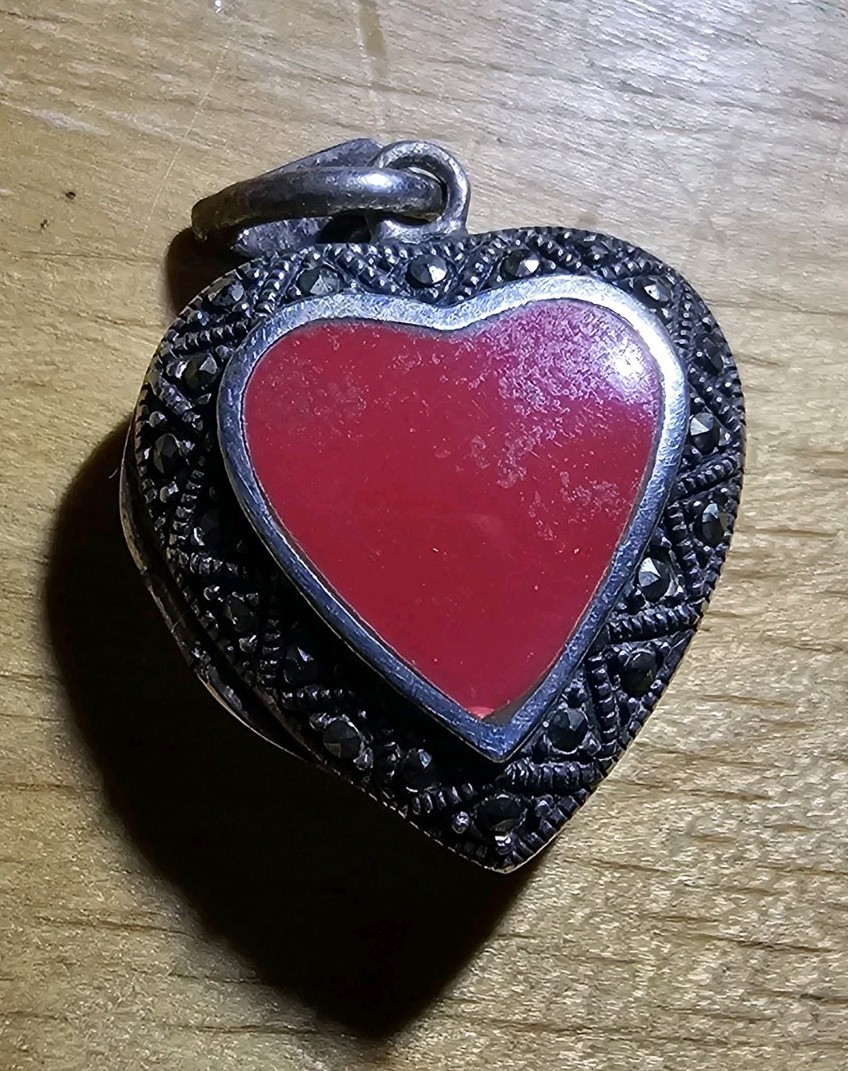 Sterling Silver Marcasite Puffy Heart Locket Pendent Charm Red Coral Center