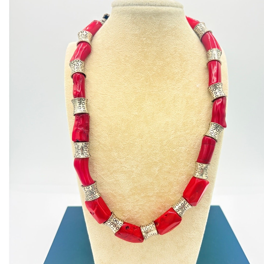 Genuine Coral Nugget Necklace with Silver‑Tone Artisan Spacers