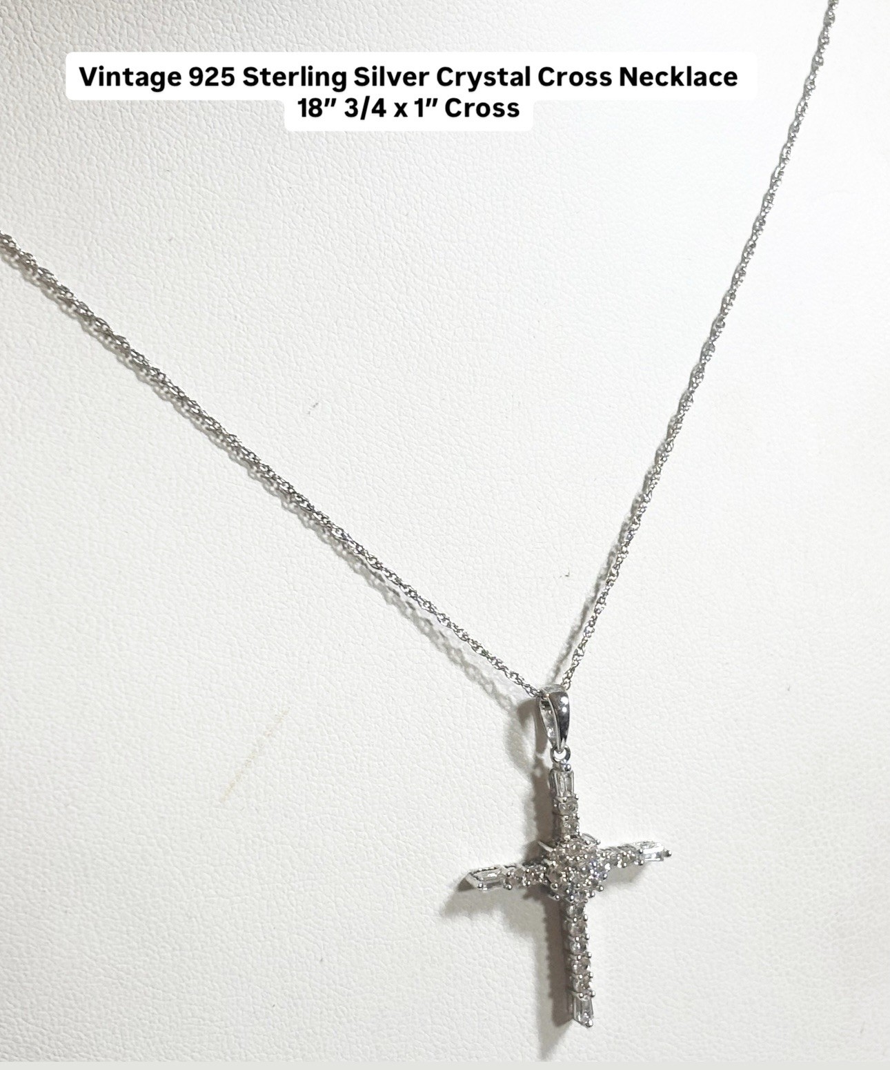 Vintage 925 Sterling Crystal Cross Necklace 18” 3)4 X 1”