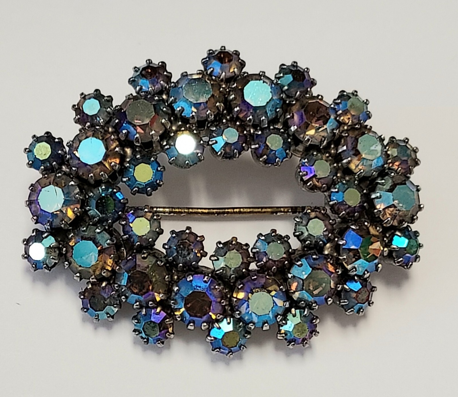 Vintage Aurora Borealis Rhinestone Brooch Pin AB Glass Cluster Prong Set