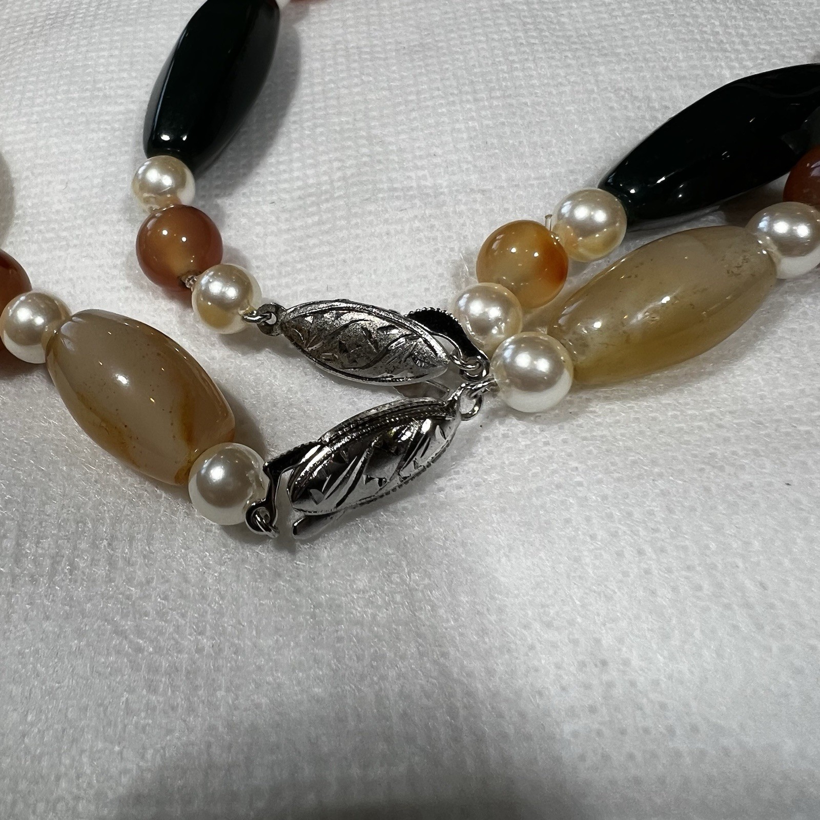 2 Vintage 1960s Semi-Precious Stone Polished Agate Quartz Silver Bead Necklace