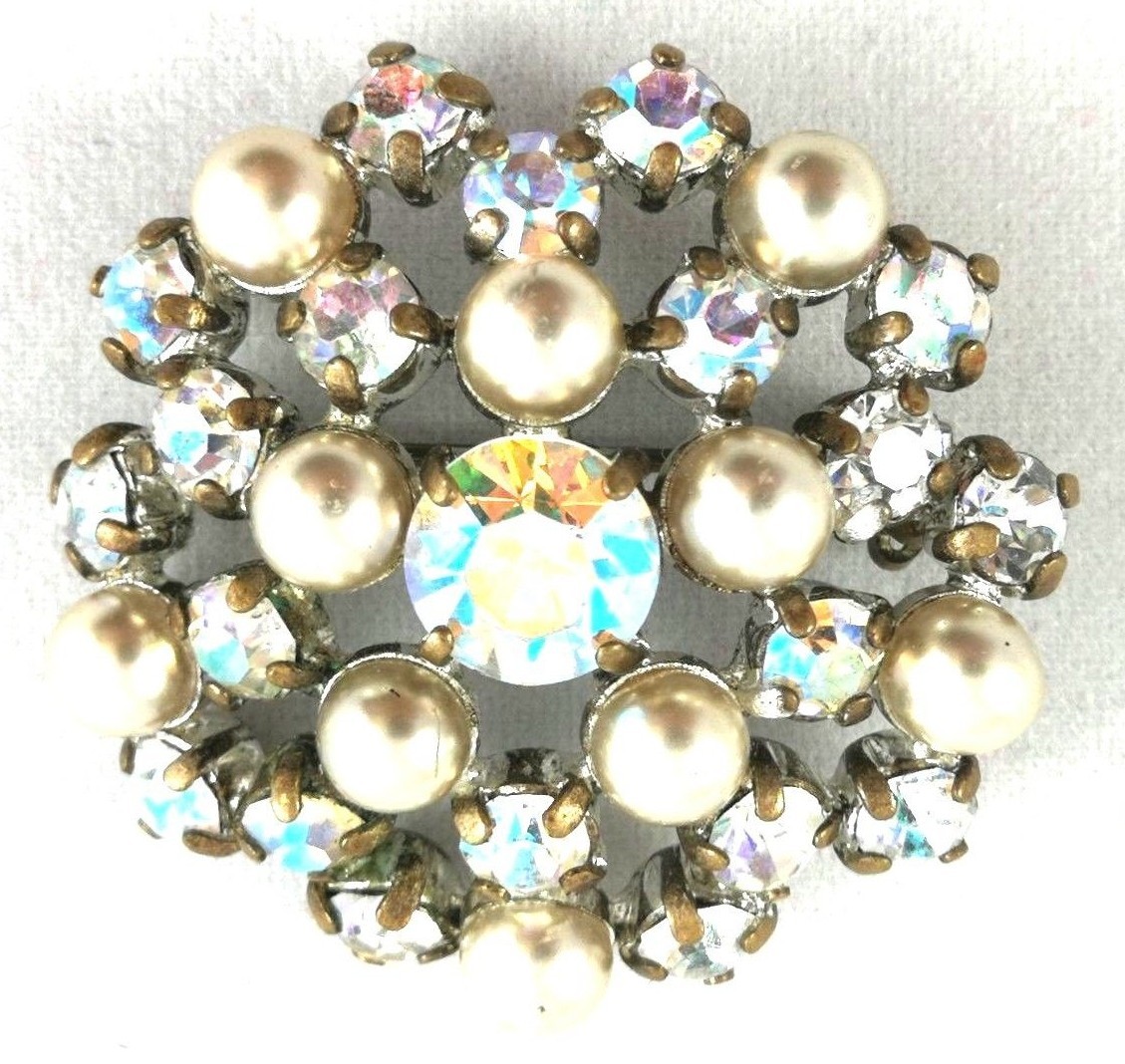 Czech Brooch Mid Century Pin Vintage Glass Rhinestone Faux Pearls Vtg Accessory